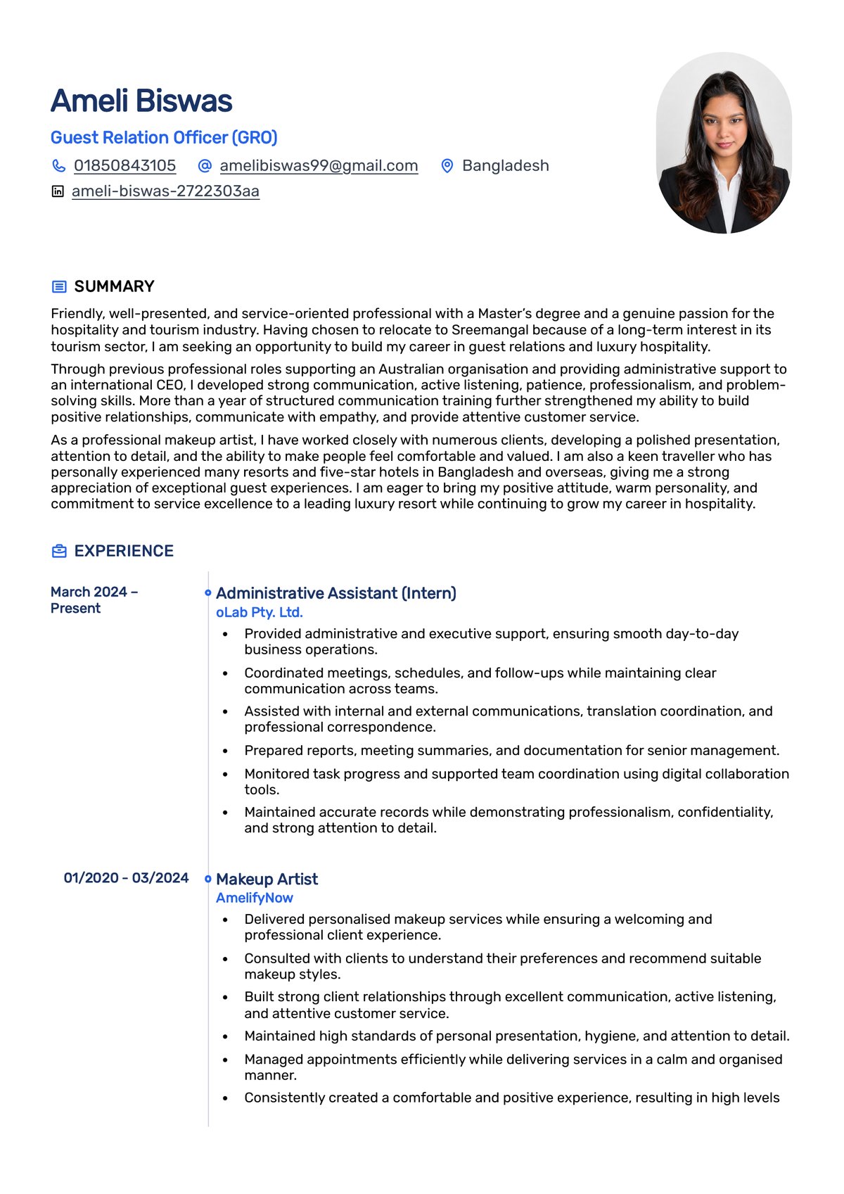 Preview of Ameli Biswas resume PDF